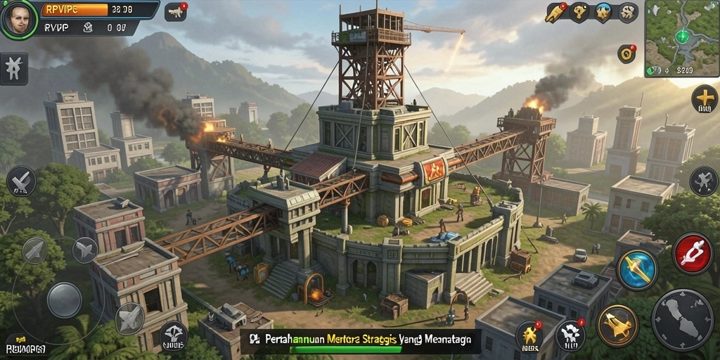 Screenshot gameplay RPVIP6 menampilkan serangan musuh dan menara pertahanan.