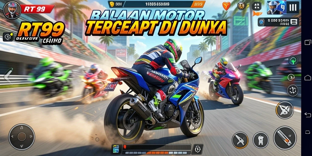Tangkapan layar RT99 menampilkan balapan motor yang seru dan mendebarkan.